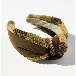 Anthropologie Green Plaid Sherpa-Trimmed Knotted Headband NWT